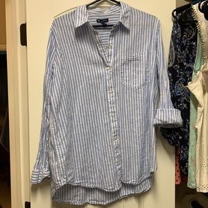 Linen Cotton blend, blue & white striped, Large